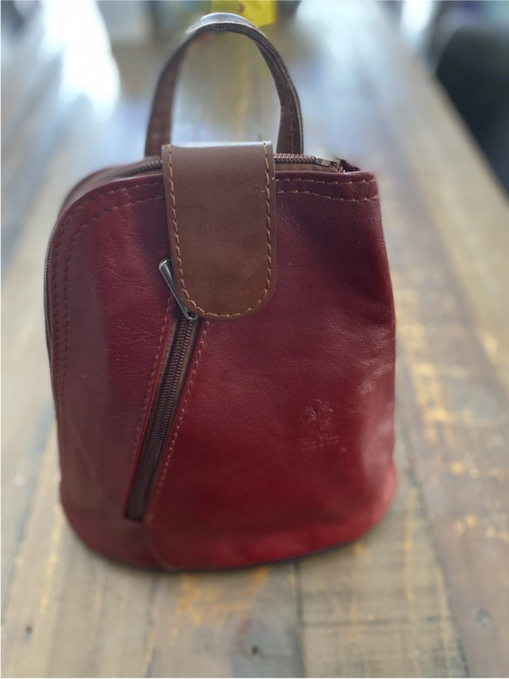 Vera Pelle Burgundy and Brown Leather Shoulder Bag